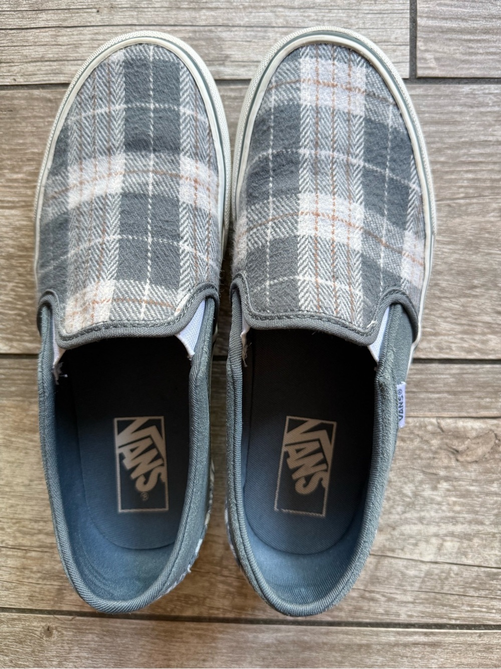 Vans Women’s Platform Gray/Blue Plaid Slip-On Shoes